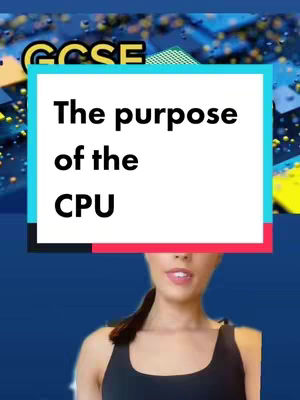 A woman in a black top is centered at the bottom of the frame. Above her is an opaque white text box containing the words "The purpose of the CPU" in a sans-serif font. The background is a sea of blue and shades of yellow computer components.