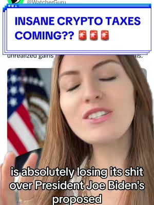 The image features a woman with long, light brown hair, framed against a background that includes the American flag. A box overlay in the upper left corner displays the text "INSANE CRYPTO TAXES COMING??" alongside three emoji symbols. The woman is the primary focus, with a slightly open mouth and closed eyes, against a softly blurred setting. The lower section of the image contains additional text, completing the composition.