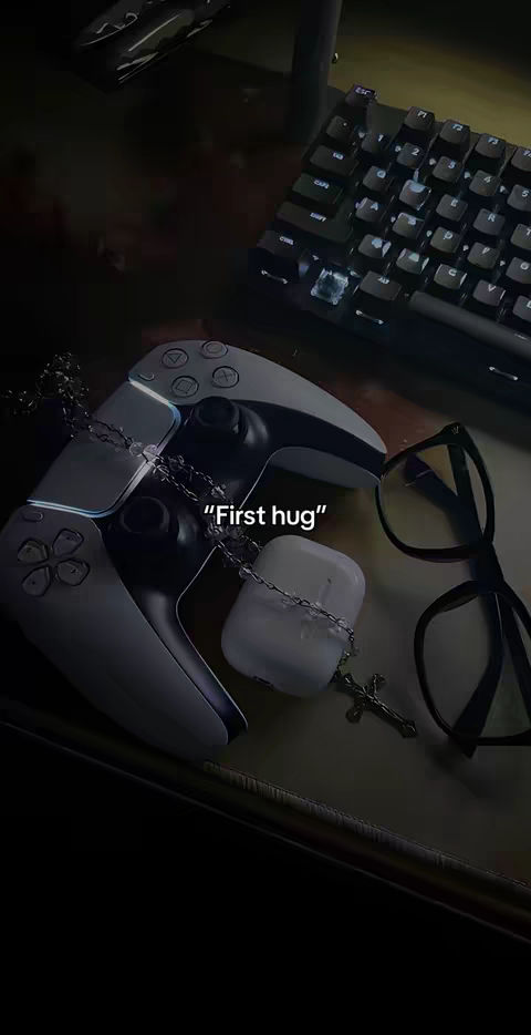 A collection of items set on a dark surface, featuring a white Playstation 5 controller, a pair of glasses, Airpods, and a keyboard. The phrase "First hug" appears as text overlayed on the image.
