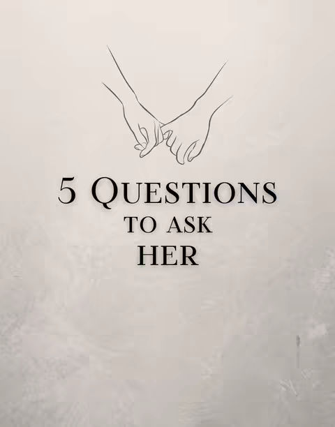 The cover image is a minimalist design featuring an off-white background. A black line drawing depicts two hands holding each other's pinky fingers. In the center, the text '5 QUESTIONS TO ASK HER' is displayed in a bold, black serif font.