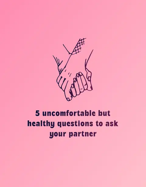 The cover image features a pink gradient background. In the center, there's a minimalist line drawing of two hands holding each other, palms together. Below the hands, there is vertically-oriented text in a dark purplish-blue color.