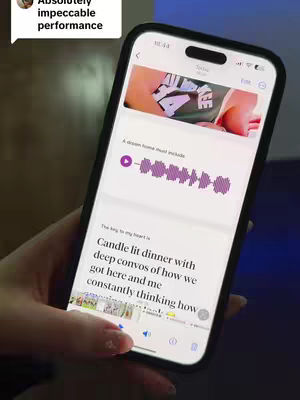 A hand holds a smartphone displaying an app interface. The screen showcases text content in a clean, modern design with a purple and white color scheme. A speech bubble with text sits in the top left corner, and the frame's focus is on the app interface. The background is slightly blurred and out of focus, which helps the smartphone screen to stand out.