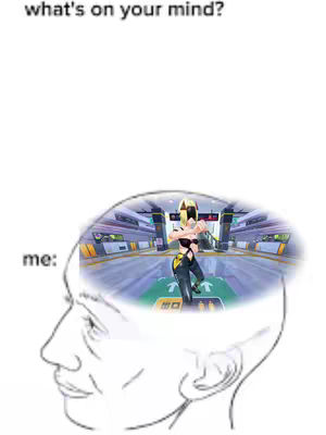 A meme-style image with a line-drawn profile of a head, above which reads, "what's on your mind?". Inside the head, replacing the brain, is a color image of a female anime character in a futuristic environment, striking a pose evocative of a dance move.
