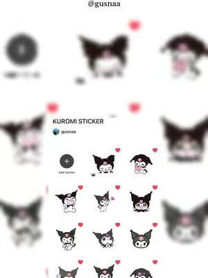 The cover image presents a collection of Kuromi sticker designs arranged on a white background with some blurred stickers surrounding the UI. This design features multiple iterations of the character in different poses and expressions and has heart floating effects.