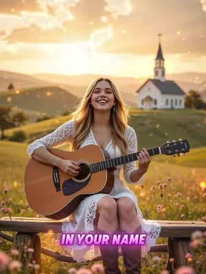A young woman with long blonde hair sits on a wooden bench holding a guitar, smiling at the camera. She wears a flowy white dress and brown boots. The image is set outdoors, with a blurred background featuring a church on a hill and a sunset sky. The text "IN YOUR NAME" is overlaid in a glowing purple font.