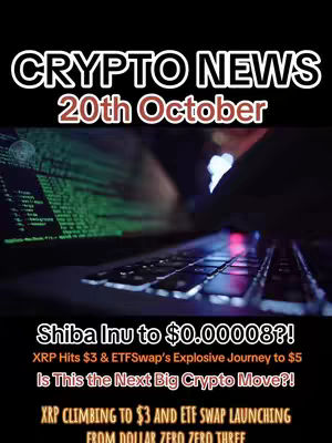 The cover image is a dark, digitally rendered scene featuring a person's hands typing on a laptop keyboard, with a green-hued display that looks like code. The text overlays are in a bold, sans-serif font and highlight cryptocurrency-related news and price predictions.