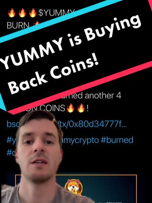A man is centered in the image, directly facing the camera with a neutral expression. The background is a vertical black and white split with a red-angled stripe. Text overlay states "YUMMY is Buying Back Coins!" with flames and symbols. The bottom shows a snippet of text, likely a reference to cryptocurrency.