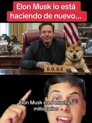 The cover image shows Elon Musk seated behind a desk alongside a Shiba Inu dog. A wooden sign that reads "D.O.G.E" rests near the dog. The image is split into two parts. The top part displays a screenshot of the scene, while the bottom part shows a close-up of a man's face. The man is pointing upwards.