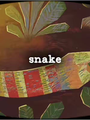 The cover image is a stylized illustration featuring abstract, colorful elements. In the foreground, a section of a multi-colored snake is visible, with red, yellow, and black patterns. Above the snake, a text overlay reads 'snake' in a bold, white font. To the right, there's a depiction of foliage, made from green, angular shapes. The background transitions from brown to yellow, with a blurred effect and a grainy texture.