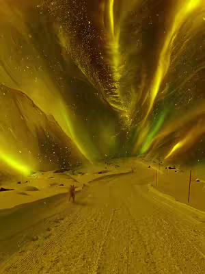 A scenic shot showcases a person standing in a snowy landscape under the mesmerizing auroral display of the Northern Lights. The sky is filled with dynamic streaks of yellow and green light, creating a vivid contrast against the snow-covered ground and mountains in the distance. The scene is illuminated by the ethereal glow, creating a dramatic and awe-inspiring scene.