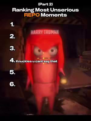A vertical image with a dark background, likely a screenshot from a video game or animation. The central figure is a red cartoon character, resembling the character Knuckles from the Sonic the Hedgehog franchise, in a humorous or stylized representation. The character fills the lower half of the frame, with large feet and a somewhat exaggerated pose. Above the character are numbered list items and text overlays that suggest a ranking or top lists.