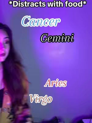 A woman is on the left side of the frame, in front of a purple background. White text overlays the image, listing zodiac signs.