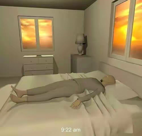 A 3D-rendered bedroom scene at dawn or dusk, with a body lying on the bed. The room has an off-white color scheme, with large windows to the right and left side revealing a vibrant orange and yellow sunset. A lamp is on a stand between the windows. The body appears to be lying on the bed with a plain, light colored bedspread.