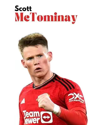 A portrait of a light-skinned man in a red soccer jersey with his fist clenched, set against a white background. The man has short, light-brown hair and is looking upward with a serious expression. Text reading 'Scott McTominay' is positioned above the man