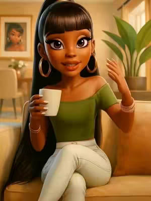A cartoon image of a woman in a room, sitting on a couch with a beige color scheme. She is holding a white mug in her left hand and wearing a green off-the-shoulder shirt, light gray pants, and gold hoop earrings. A plant is in the background.