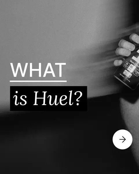 A black and white photo featuring a person holding a can, possibly Huel, with text overlayed in white boxes and an arrow. The background is blurred.