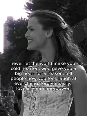 A black and white image features a woman in profile, her face turned towards the right with a gentle smile. She is in an outdoor setting, likely a park, with trees and a building visible in the background. Text overlayed in white conveys an inspirational message.