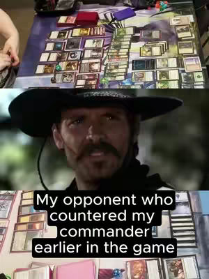 The image is a multi-panel composition. The top panel shows a table covered with a playmat, with many Magic: The Gathering cards spread across it. The middle panel is a close-up of a man wearing a cowboy hat and his facial expression appears to match his emotional reaction: seriousness. The bottom panel contains text overlaid on a card game, and this panel is in a card game with cards.