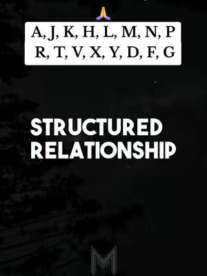A dark, stylized cover image with text overlays. The background is a blurred, textured dark color that fades to a lighter area. An area in the upper section of the image contains a white rectangle with letters. In the lower section of the image, large white text in a bold font reads "STRUCTURED RELATIONSHIP." A stylized 'M' appears in the very bottom.