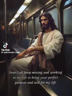 A man with long hair and a beard dressed in a white robe and brown shawl sits in a subway car. Text overlays on the bottom half of the image.
