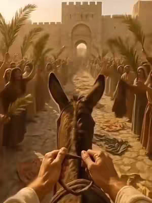 The cover image depicts a first-person perspective of someone riding a donkey towards a city gate. Palm trees and a crowd of people line the sides, the setting possibly suggesting a biblical scene, and the overall composition is warm-toned.