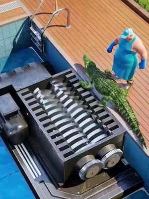 A top-down shot of a pool scene featuring a large metal device resembling a shredder, a green alligator, and a cartoonish figure in blue clothing. The device is metallic with multiple blade-like elements. The alligator is positioned on the side, beside the device. The figure stands on a wooden deck, wearing a blue dress-like garment, and blue gloves. The pool area provides a contrasting background, and the overall composition suggests a playful or absurd scenario.