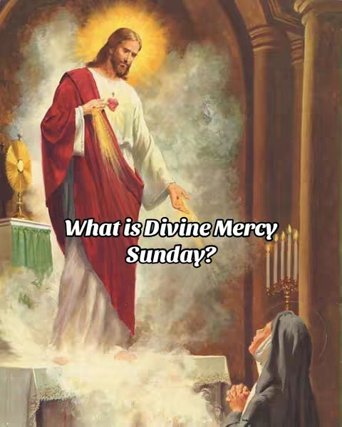 An illustration depicts Jesus in a white and red robe, radiating light, with his right hand extended towards a kneeling nun in a black habit. Behind them are religious symbols and candles, with text overlayed. The composition conveys a solemn, religious tone.