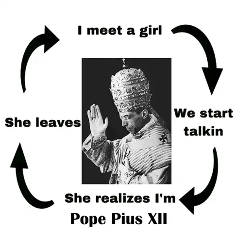 A meme featuring an image of Pope Pius XII in a black and white photo. The meme is structured in a circle, with text indicating a sequence of events: 'I meet a girl,' 'We start talkin,' 'She realizes I'm Pope Pius XII,' and finally, 'She leaves,' completing the loop.