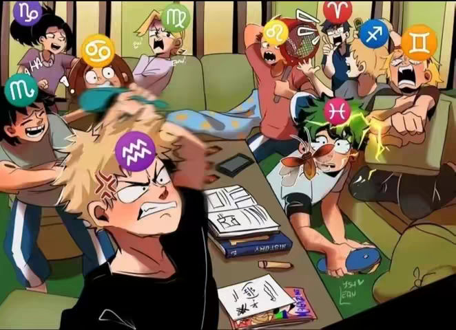 An animated image featuring several characters from a popular anime series. They are in a heated, chaotic scene, with signs representing zodiac signs overlayed on their heads. The characters are in a common room setting.