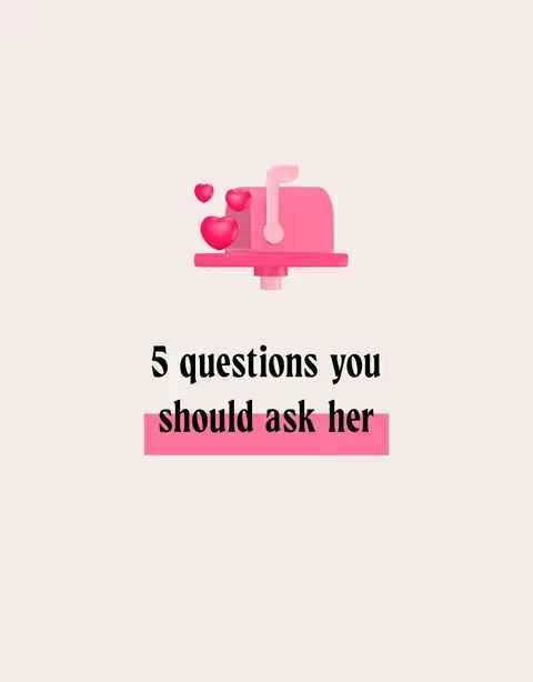 The image is a minimalist design on a pale beige background. At the top is a 3D rendered mailbox in pink with three pink heart icons floating near it. Below the mailbox, in a simple black sans-serif font, is the text "5 questions you should ask her". The text "should ask her" is highlighted by a saturated pink bar behind it. The composition is clean and direct, with a focus on typography and a symbolic element.