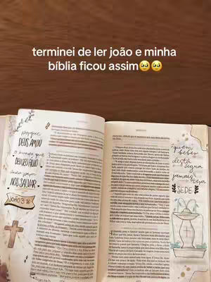 An open Bible with handwritten notes and illustrations on its pages, set against a simple brown wooden background.
