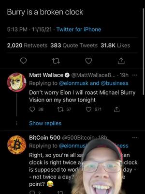 The cover image shows a cropped screenshot of a tweet on Twitter with multiple responses and replies. The main focus is on the face of a man with glasses who is smiling and appears to be reacting to the tweet, which is about Elon Musk and crypto.