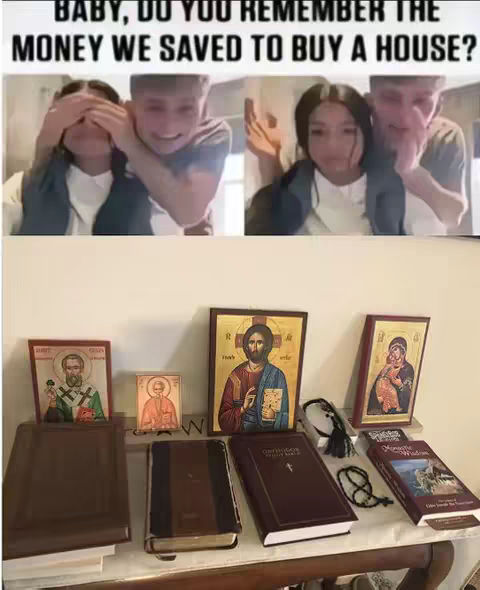 The cover image is split into two main sections. The upper section is divided into two parts, each showing a young couple. One part shows a person covering the other person’s eyes, indicating a surprise. The lower section displays various religious icons, books, and prayer beads on a shelf. The color palette is warm, with browns and golds dominating the lower section, and neutral tones in the upper, with the overall layout indicating either a theme of religious discovery or a juxtaposition of everyday life with faith.