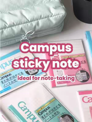 The cover image showcases an assortment of Campus sticky notes and stationery items. The top half features a soft green pouch, while the lower half is filled with packs of sticky notes in various colors, including blue and pink. The text overlay reads 'Campus sticky note ideal for note-taking' in a playful, pink font, drawing attention to the product's branding and function.