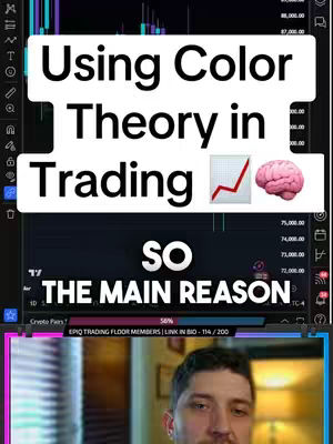 The cover image features a man in the bottom portion of the frame, with overlaid text and graphics. The main text reads "Using Color Theory in Trading" on a white rectangular background. Below this is the phrase "SO THE MAIN REASON" in a slightly different font, also on a white background. There is also a graph rising up, and a brain icon.