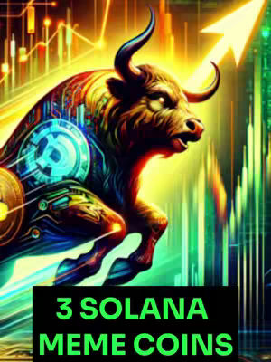 The cover image showcases a digital artwork with a bull dominating the center. The bull's body is rendered with tech-inspired circuitry, and it has a Bitcoin coin as a part of the body. Behind the bull are ascending financial graphs and an arrow pointing upwards, symbolizing growth. The focal point is a textual overlay at the bottom, that says: "3 SOLANA MEME COINS". The overall scene suggests crypto-currency and financial gains.