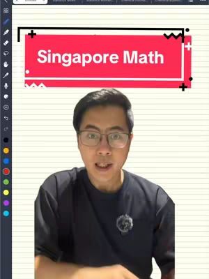 A man with glasses is in the center of the frame, looking toward the viewer. Above him is a red rectangle with the words "Singapore Math" in white. The background is a light beige, and there are vertical lined notes. The man is wearing a black t-shirt.