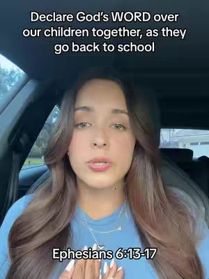 A woman with long brown hair is sitting in a car, looking directly at the camera. Text overlays the image, and the Bible verse Ephesians 6:13-17 is displayed at the bottom.