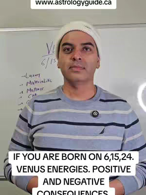 A man in a white beanie and striped sweater stands in front of a whiteboard. Text overlays highlight astrological information.