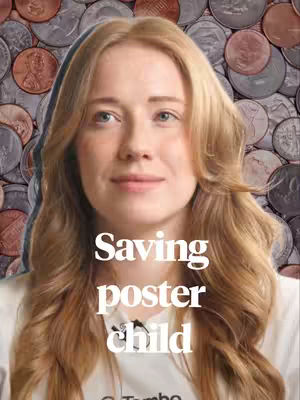 A young woman with long blonde hair smiles at the camera. Behind her is a background of coins. Overlayed on the image is stylized text.