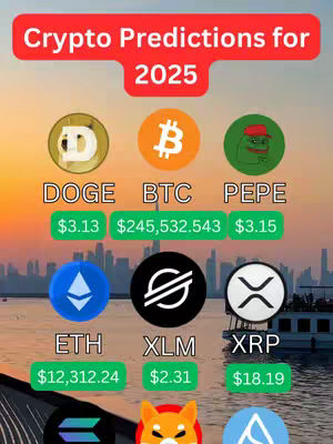 The cover image displays a red banner with the text 'Crypto Predictions for 2025'. Below are the logos of various cryptocurrencies (DOGE, BTC, PEPE, ETH, XLM, XRP, and possibly others at the bottom), each paired with a projected value in US dollars. A cityscape and water body serve as the backdrop.