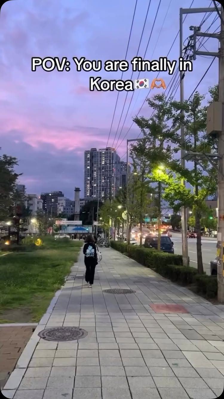 A woman walks along a sidewalk in South Korea at dusk. The sky is a gradient of pink and purple, and buildings and trees line the street. Text overlays the image: 'POV: You are finally in Korea!'
