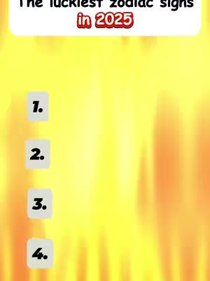 The image shows a background with flames transitioning from yellow to orange. Above, there is text in a white rectangular box with the words 'The luckiest zodiac signs in 2025' in a mix of white and red. Below the text, there are four numbered boxes: 1, 2, 3, and 4, each enclosed in a light gray rectangle.