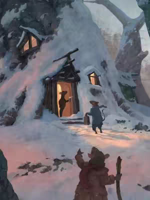 A whimsical illustration depicting a snowy winter scene. A house made of a snow-covered structure with two windows and a doorway, suggesting a home built naturally into the snow-covered environment, in the doorway a mouse figure is framed, and the other mouse figure is outside holding some kind of bag. The scene is bathed in a soft, warm light emanating from the windows and doorway against the cold of the winter.