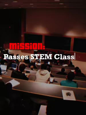The image shows a lecture hall from a student's perspective. Rows of seats face forward, with students taking notes on laptops or paper. The lighting is dim, creating an ambiance of concentration. The hook text against a dark background with a red font.