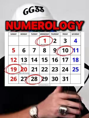 The cover image features a person with a white hat that says \"GG33\" on it. The word \"NUMEROLOGY\" arches over a displayed calendar. The calendar has some dates circled in red. The person is holding a microphone, and the image is angled from their chest up.