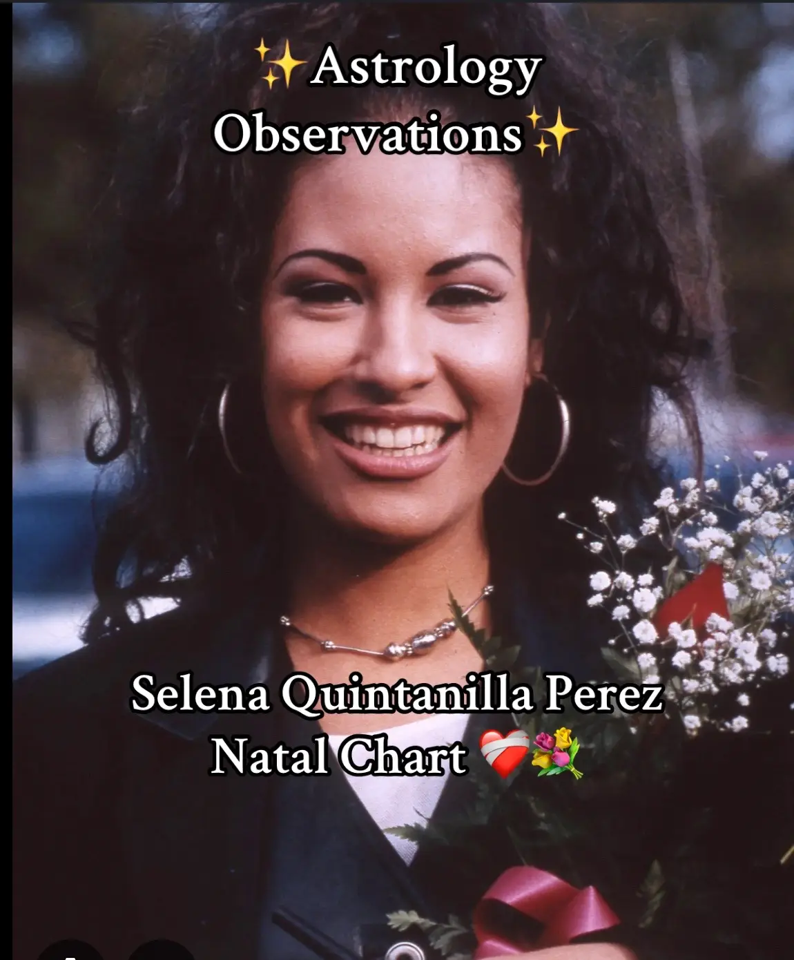 The cover image features a smiling woman in a close-up shot. The image has text overlays with astrology related content and Selena Quintanilla's name. She has dark hair and is wearing hoop earrings. There are words overlaid with sparkling effects. The background is somewhat blurred, possibly of an outdoor setting.