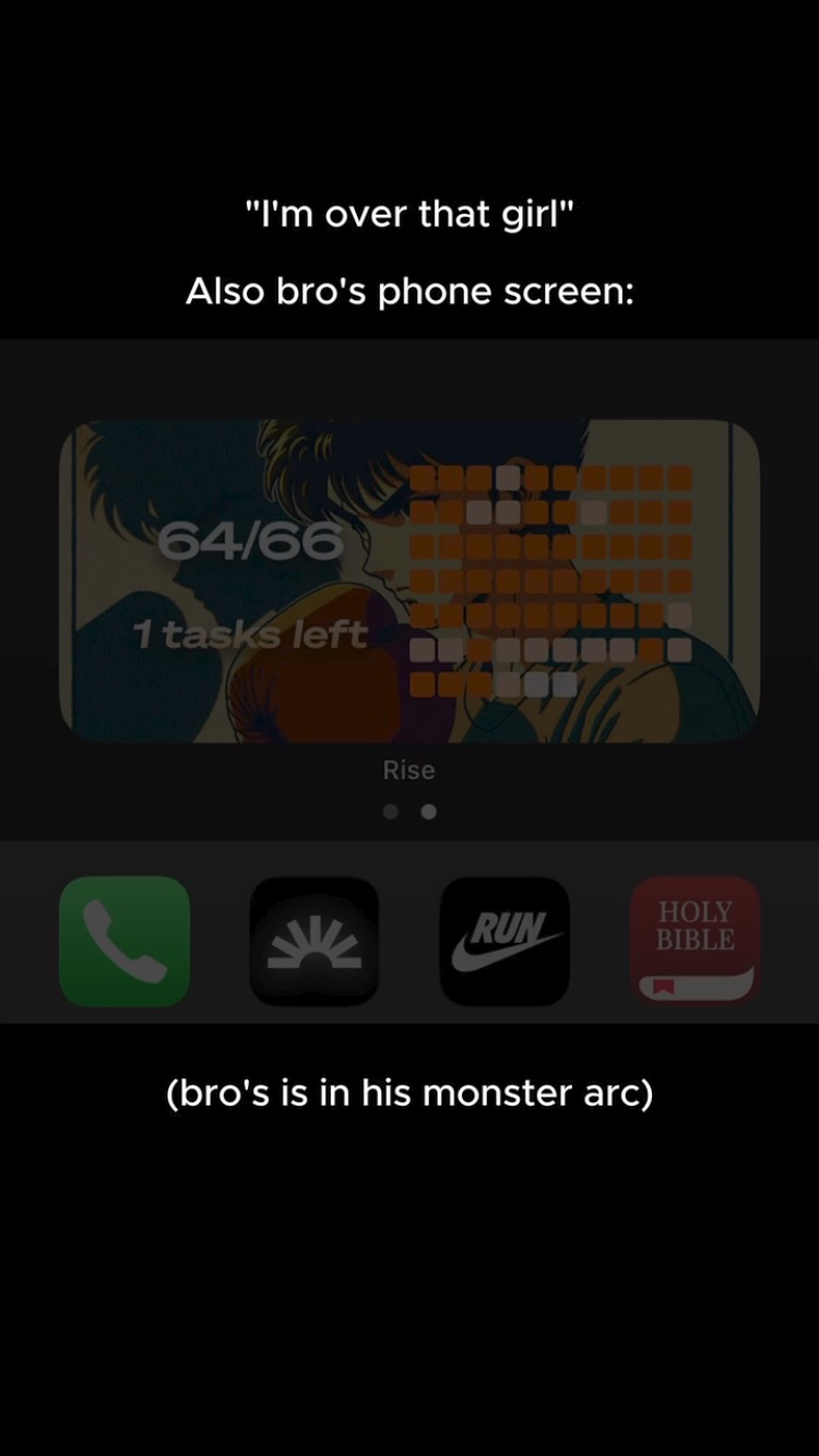 The image is a screenshot of a phone. A text overlay at the top of the image reads "'I'm over that girl'" and "Also bro's phone screen:" Below,  a phone screen displays a custom app. The background image on the custom app appears to be a character possibly from an anime. The phone's home screen is visible with app icons below: phone, a sun, a Run app, and Holy Bible. The message '(bro's is in his monster arc)' appears at the bottom.