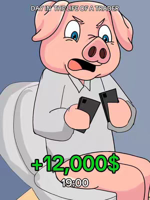 Cartoon pig character sitting on a toilet while holding two smartphones, with a text overlay and a dollar sign over the image.