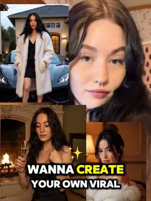 The cover image is a collage featuring various pictures of a woman. There's a medium shot of her in a white coat and a black dress, with a sports car and a house in the background. Several other photos show her in close-up poses, each with slightly different settings or attire. A prominent overlay with bright yellow text says, 'WANNA CREATE YOUR OWN VIRAL.' The overall composition is designed to be visually appealing and attention-grabbing.